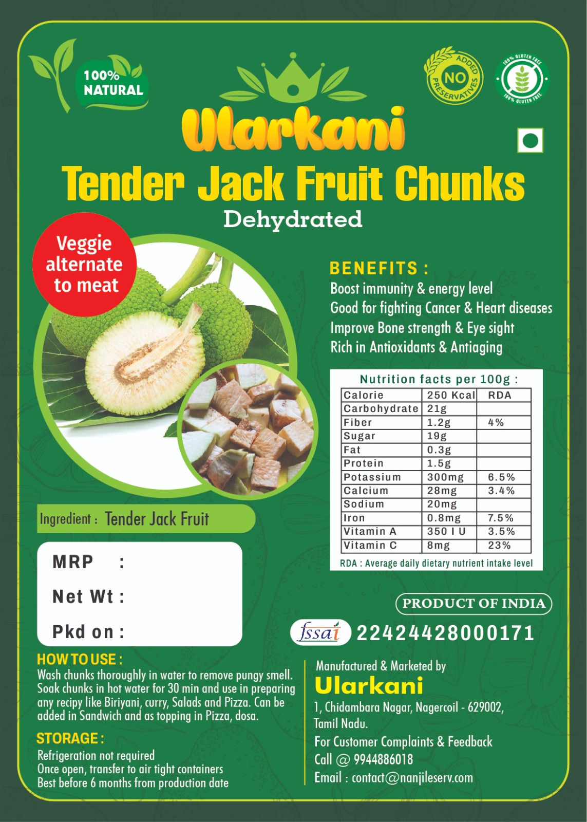 Dried Young (Tender) Jackfruit Chunks 100gm - Ularkani