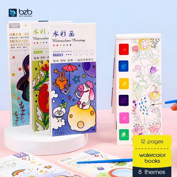 1 pack (12 pages) DIY Water Coloring Book Painting Set Pigment Paint Brush Kids Doorgift