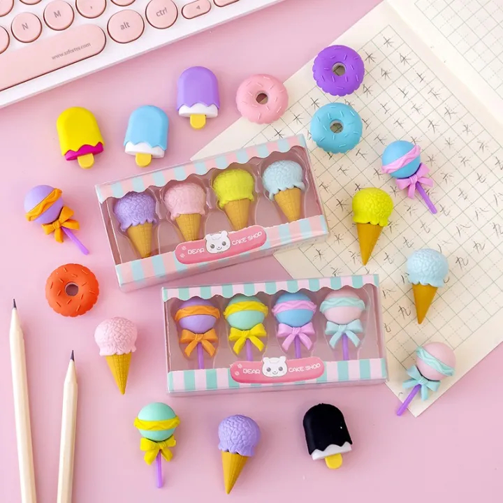 4pcs Cute Yummy Dessert Erasers Set Mini Ice Cream Lollipop Donuts Popsicle Rubber Pencil Eraser