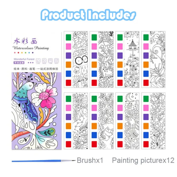 1 pack (12 pages) DIY Water Coloring Book Painting Set Pigment Paint Brush Kids Doorgift
