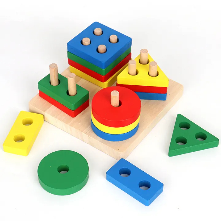 Wooden Geometric Stacker Pastel Macaroon Color Shapes Kids Early Learning Education Montessori Toy